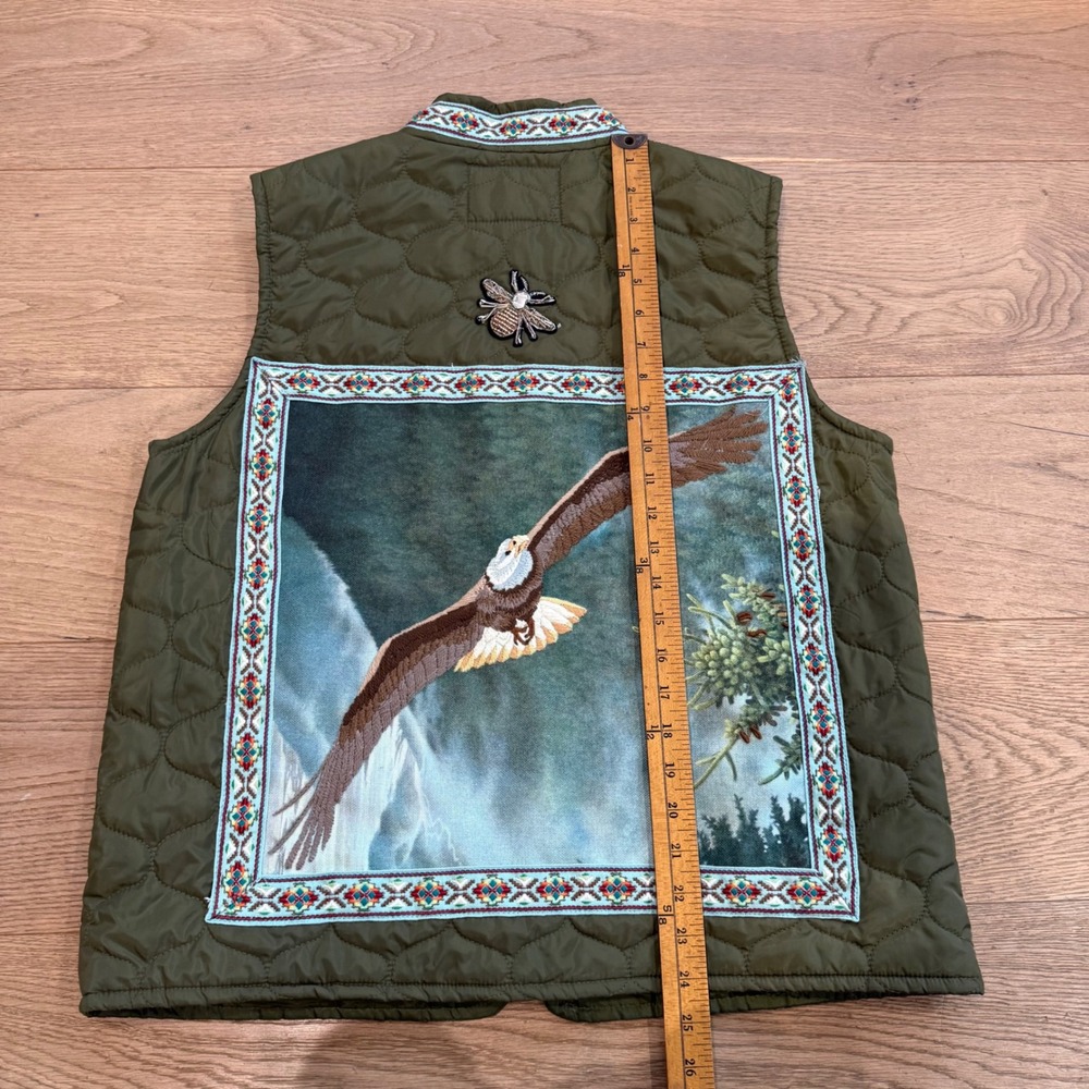 Lesal Up Cycled Treasures Eagle Owl Beaded Bee‎ Quilted Vest Olive Green Medium - Picture 4 of 7